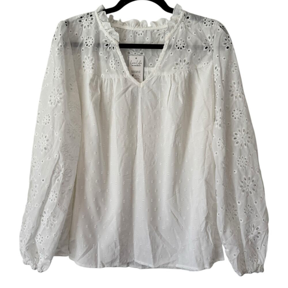 NWT Cupshe White Eyelet Crochet Long Sleeve Popover Blouse Size Medium
